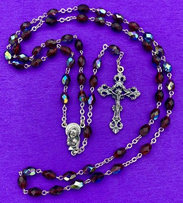 Vtg Claudio Cipolletti Red Aurora Borealis Crystal Faceted Glass Rosary, ITALY - Image 2