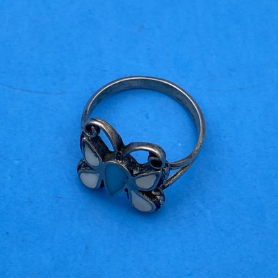 Vintage Sterling Silver Turquoise & Mother of Pearl Butterfly Ring Size 8 - Image 2