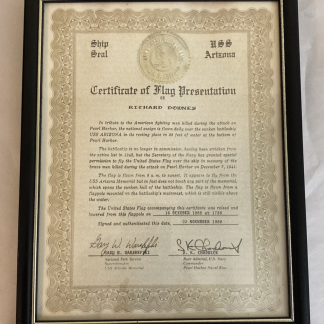 USS Arizona Ceremonial Flag & Certificate of Flag Presentation 1988