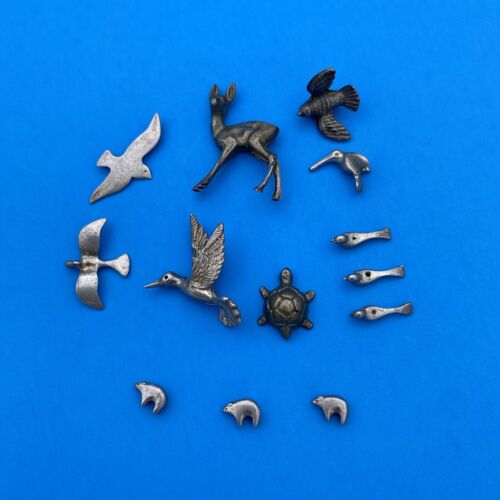 Lot of 13 Sterling Silver Animal Charms - Dove, Humming bird, Turtle, Deer, Bear