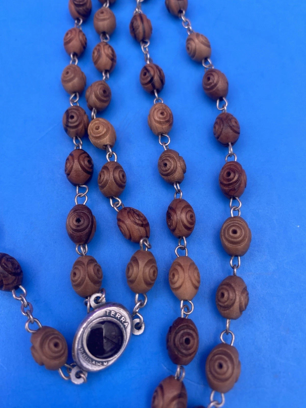 Carved Olive Wood Rosary, Terra Jerusalem Reliquary, Virgin Mary, Christianity - Image 8