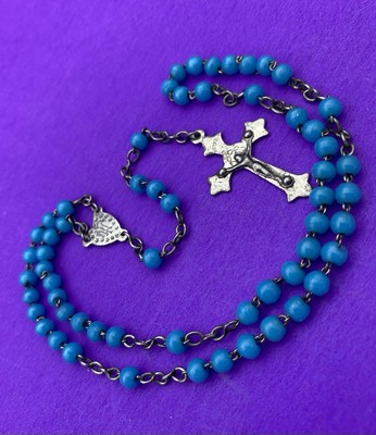 Vtg Blue Round Glass Beads Petite Rosary, Virgin Mary, France, Christianity, 14” - Image 5