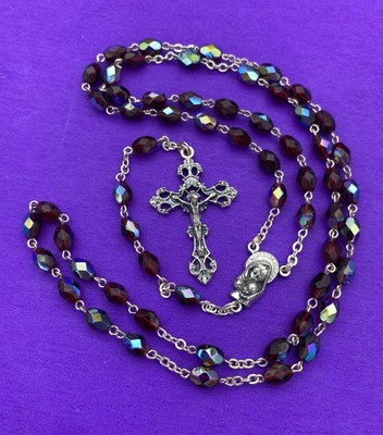 Vtg Claudio Cipolletti Red Aurora Borealis Crystal Faceted Glass Rosary, ITALY - Image 5
