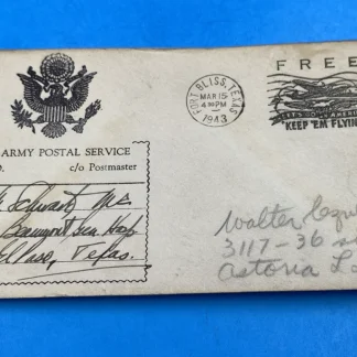 1943 Fort Bliss TX Soldier FREE Mail – 'Keep 'Em Flying' Slogan Cancel, Army APO