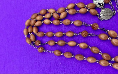 Vintage Wood Coco Veritable Rosary, FRANCE, Virgin Mary & Child Christianity 20" - Image 9