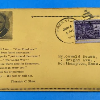 1945 Freeville NY WWII Cover w/ FDR Portrait & Satirical ‘Four Freedoms’ Cachet!