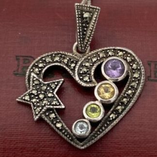 Vintage Sterling Silver Multi Gemstone Marcasite Heart Star Pendant Italy Chain