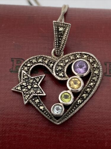 Vintage Sterling Silver Multi Gemstone Marcasite Heart Star Pendant Italy Chain