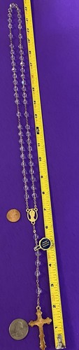 Vintage Faceted Crystal Rosary w/box, Pewter, Virgin Mary, Christianity, 22” - Image 5