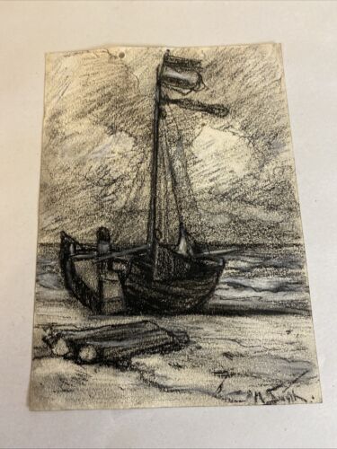 Charcoal Drawing Sailboat by Ocean - Montague Smyth (1863–1965)