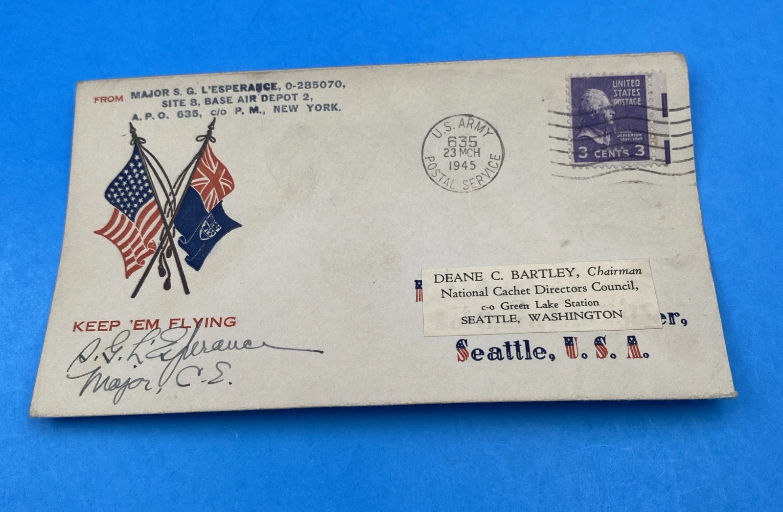 1945 APO 635 BAD-2 Warton WWII Patriotic Cover Keep ’Em Flying 3¢ Prexie Bartley