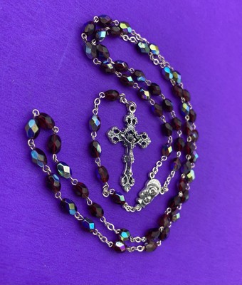 Vtg Claudio Cipolletti Red Aurora Borealis Crystal Faceted Glass Rosary, ITALY - Image 7