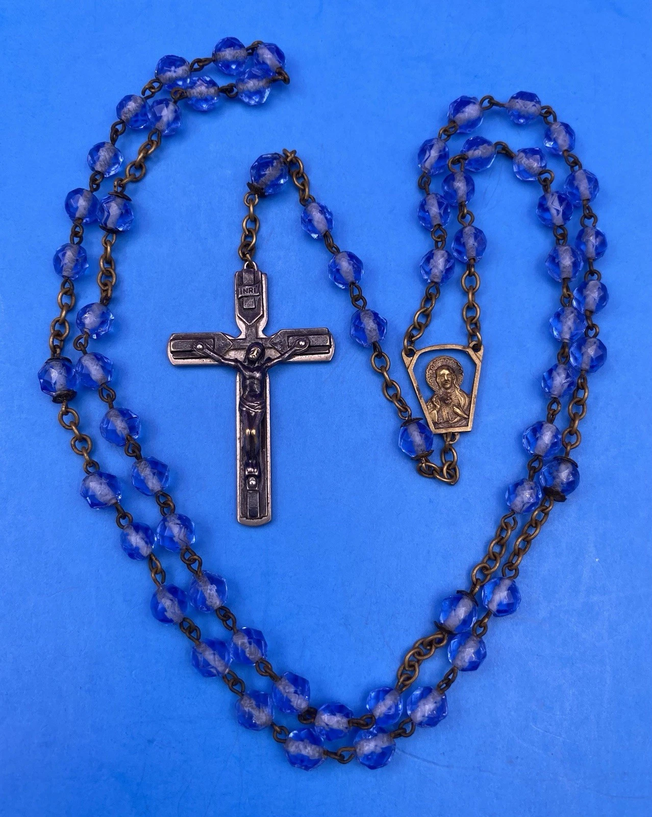 Vintage Beautiful Blue Givre Faceted Glass Rosary, Jesus, Christianity, 20.5”