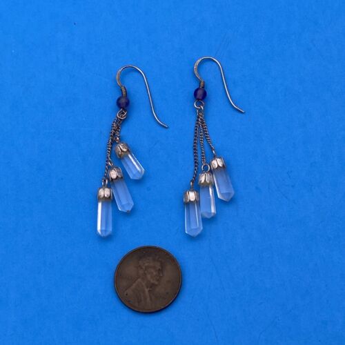 Vintage Three Quartz Crystal Earrings Amethyst Beads Sterling Silver Dangle - Image 2