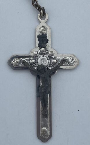 Vtg Black Acrylic Unbreakable Chain Cherub Crucifix Rosary Italy Christianity - Image 6