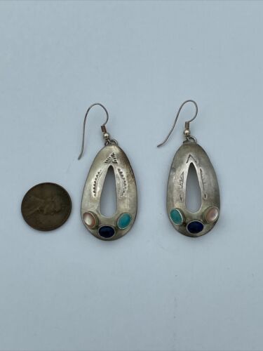 JP Native American Sterling Silver Signed Multi Stone Earrings - Image 2