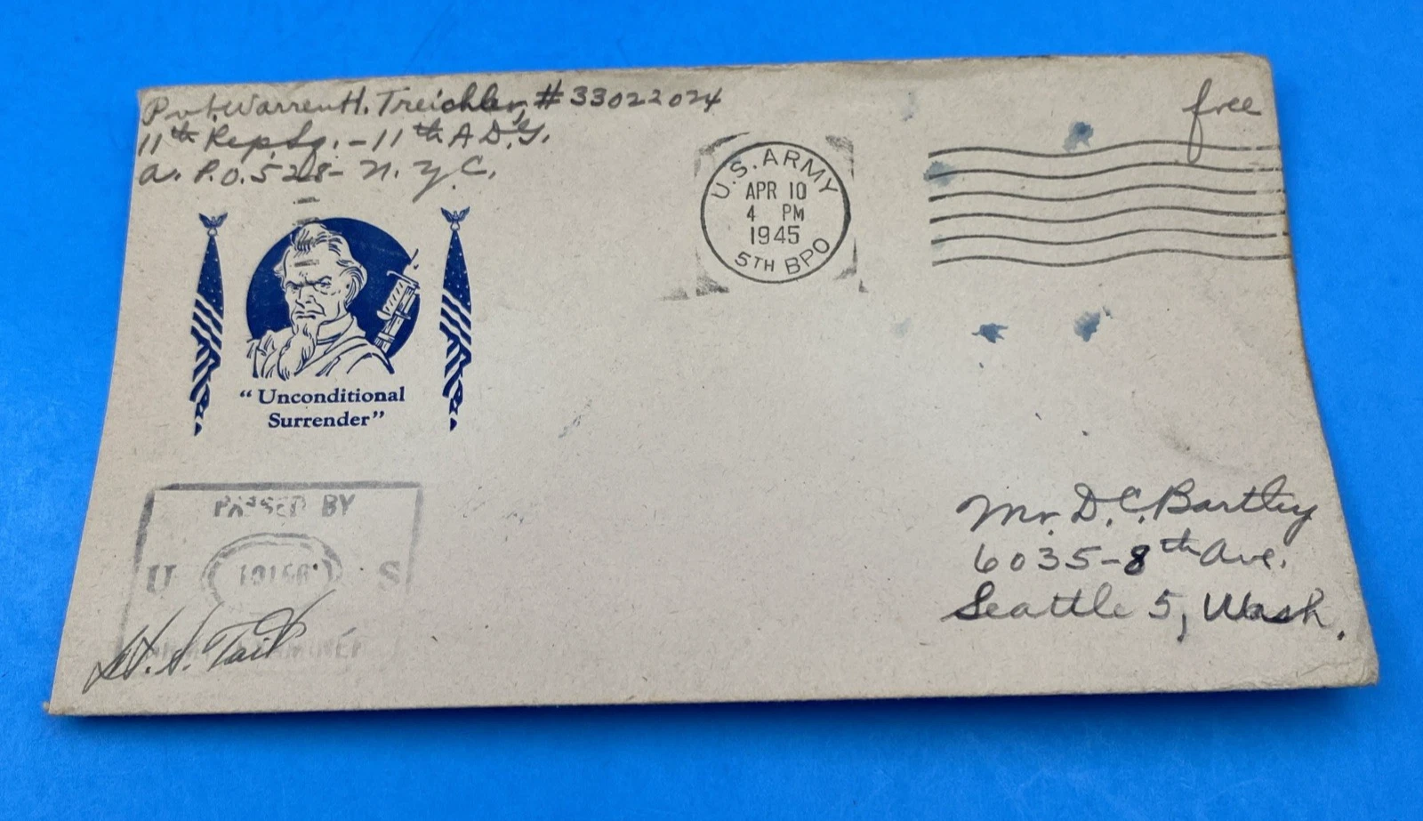 WWII 1945 U.S. Army 5th BPO Free Mail Cover—Uncle Sam 'Unconditional Surrender'