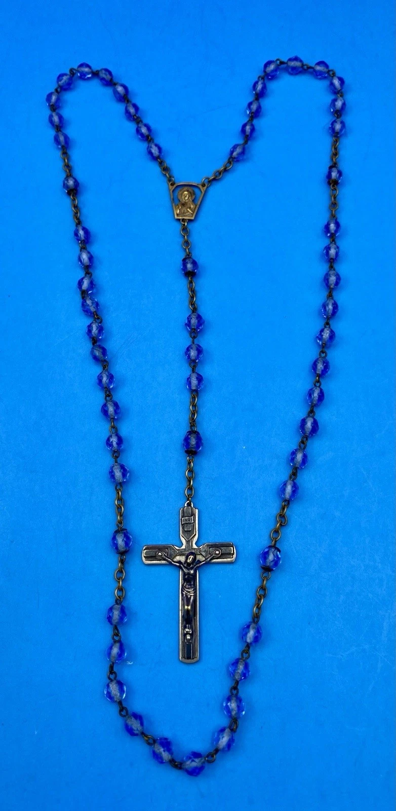 Vintage Beautiful Blue Givre Faceted Glass Rosary, Jesus, Christianity, 20.5” - Image 3
