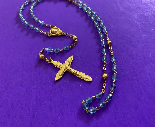 Vintage Blue Faceted Glass Petite Rosary, Virgin Mary, Italy, Christianity, 14” - Image 3