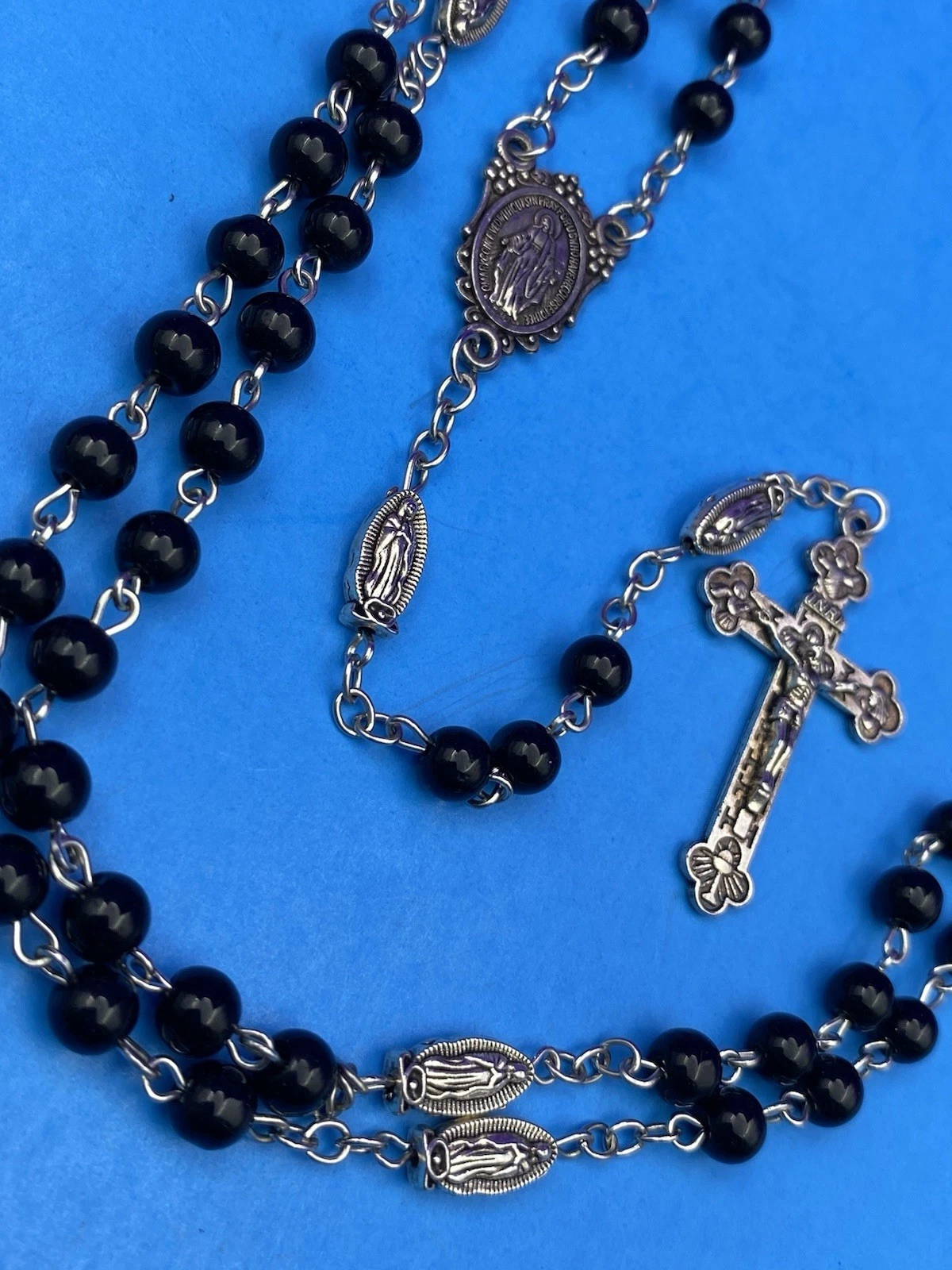 Vintage Black Round Glass Bead Rosary, Virgin Mary, Italy, Christianity 21.5” - Image 7