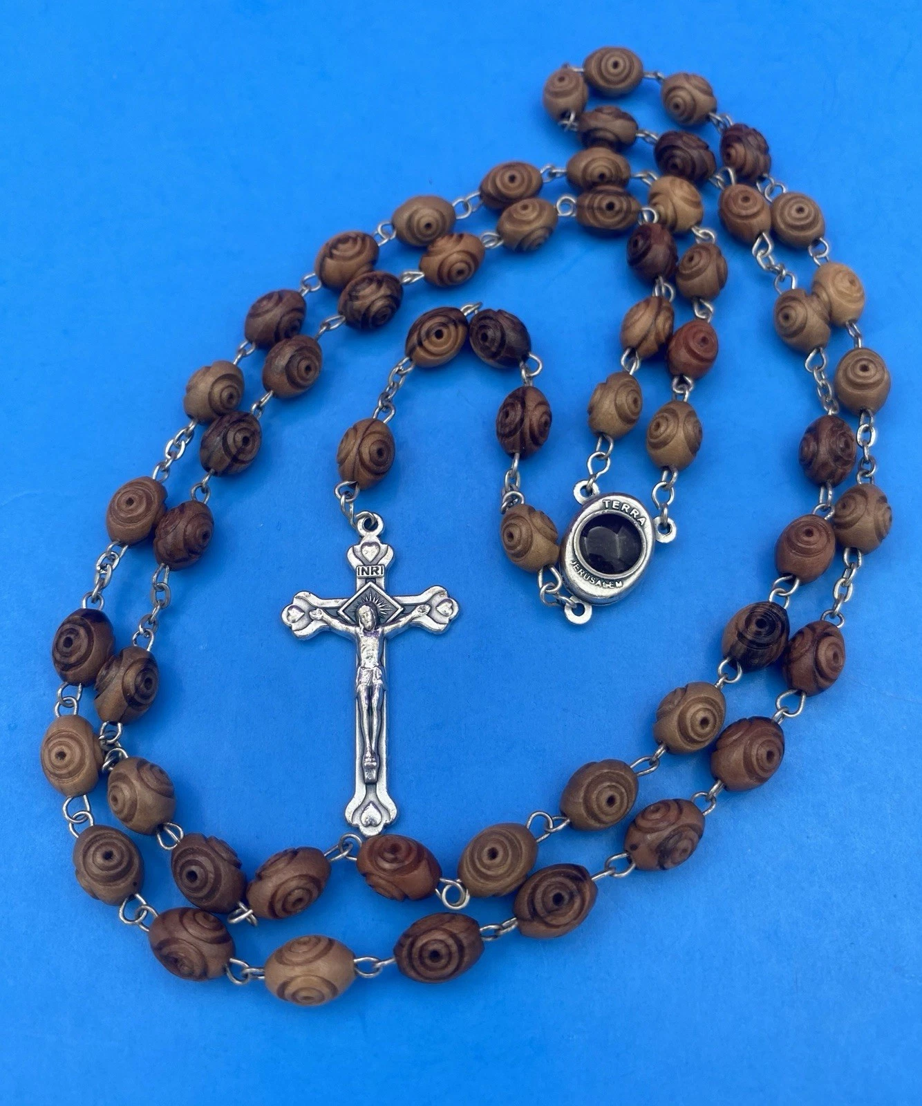 Carved Olive Wood Rosary, Terra Jerusalem Reliquary, Virgin Mary, Christianity - Image 2