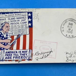 1943 WWII Patriotic Cover Wake Island Marines, APO 525 Sicily, Censor, Free Mail