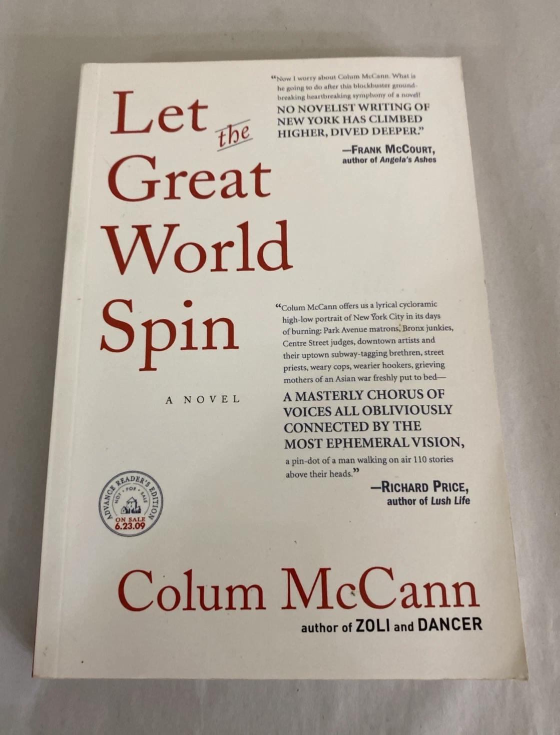 Let the Great World Spin Uncorrected Proof 2009 Random House 1st Ed ARC w Letter