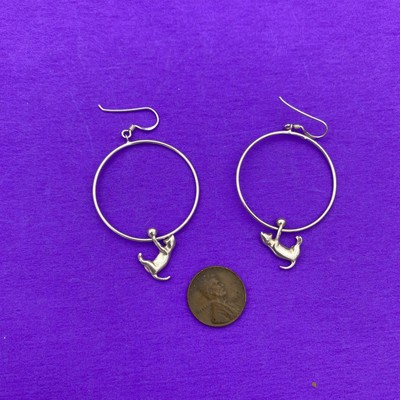 Vintage 925 Cat Hanging On Loop Dangle Sterling Silver Earrings - Image 2