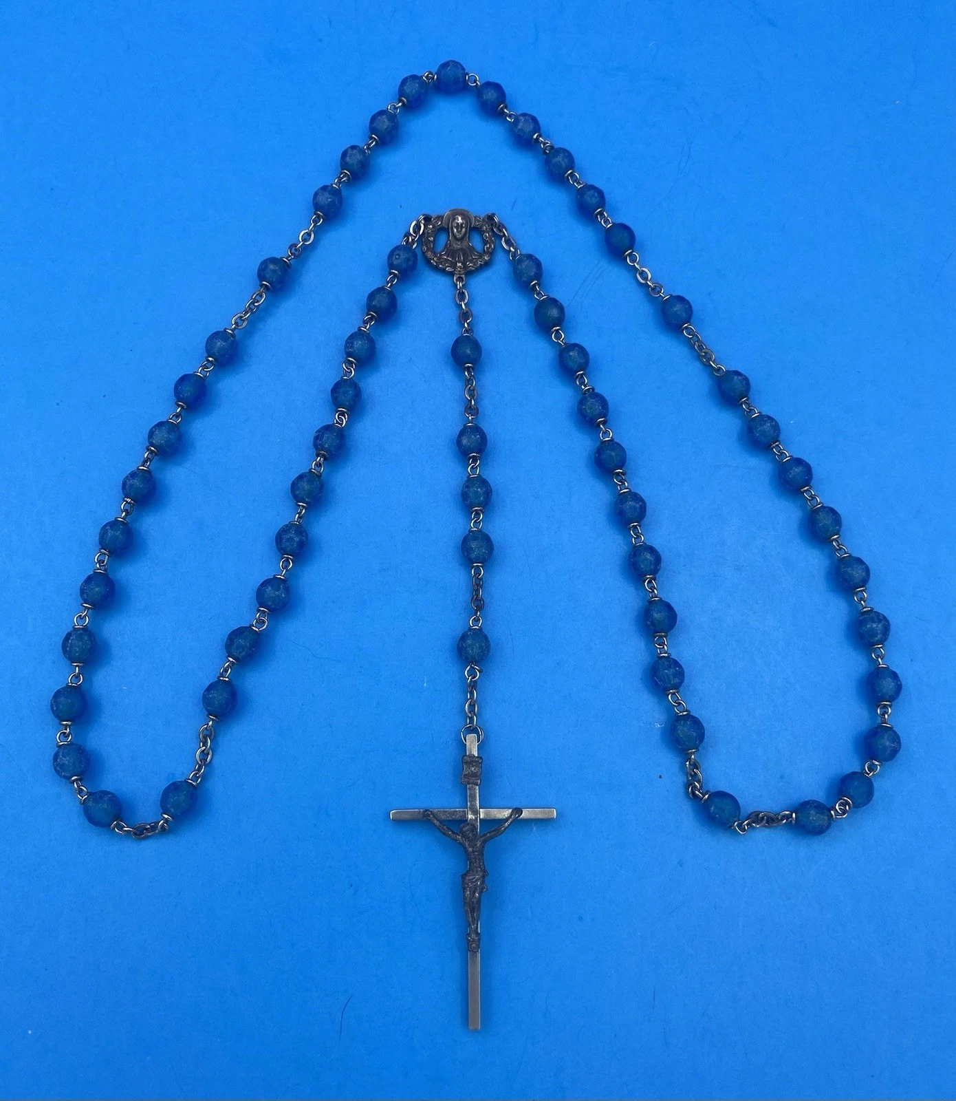 Vintage Blue Textured Plastic Bead Rosary, Mary, Jesus, ITALY, Christianity - Image 4