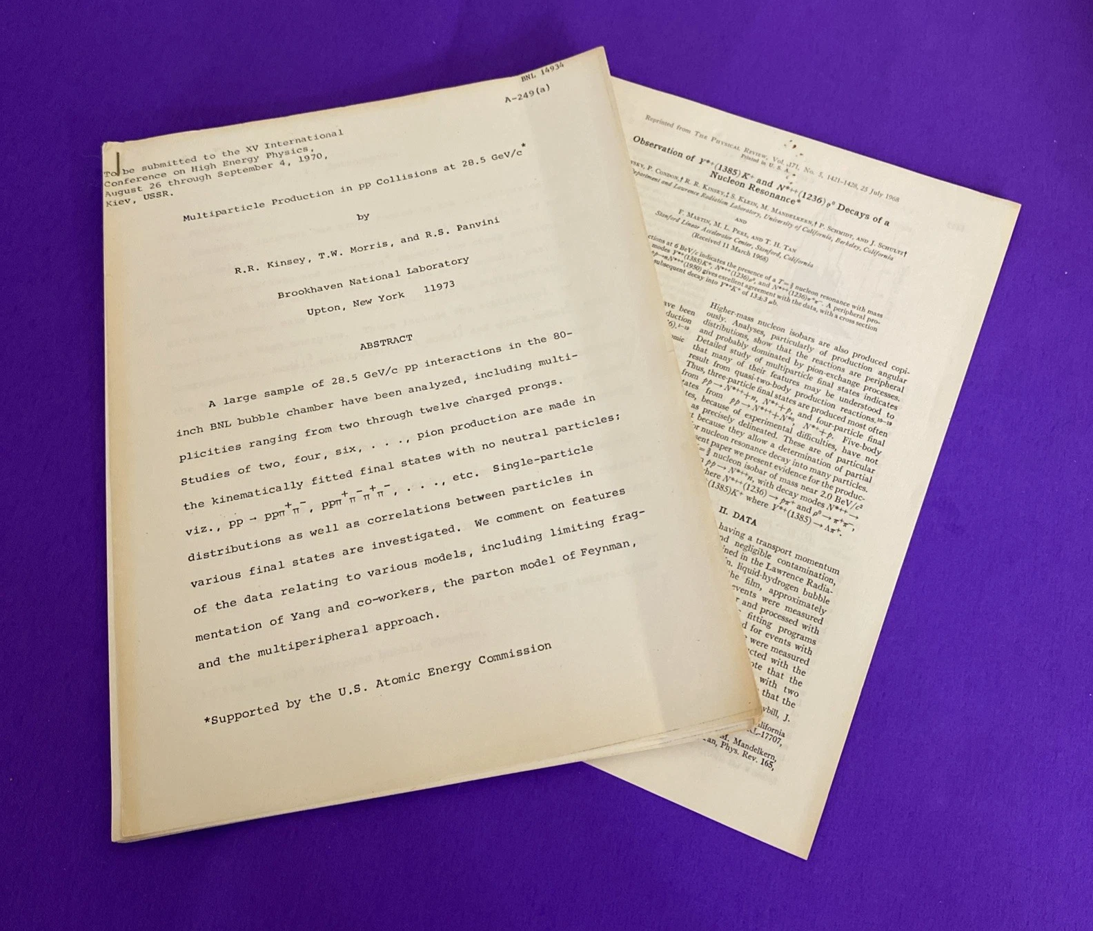 1970 Brookhaven High Energy Physics Preprint & 1968 Physical Review Offprint Lot