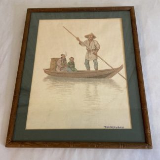Takashi Nakayama Vintage Watercolor Painting Man & Family In Boat Japan