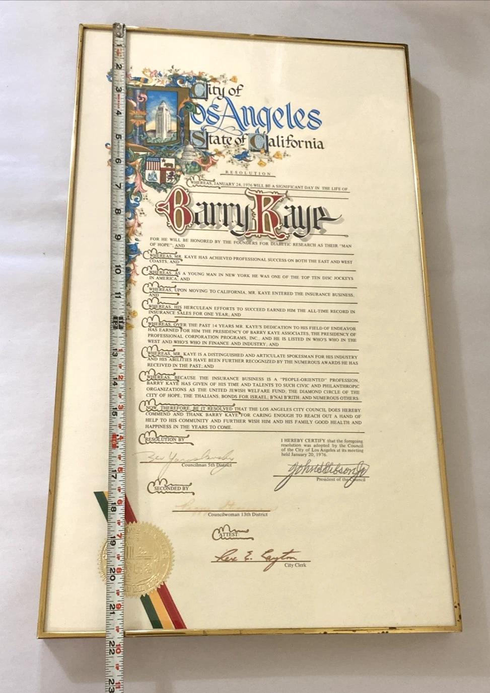 1976 Los Angeles Council Resolution Barry Kaye Signed Seal Framed 12x22 - Image 9
