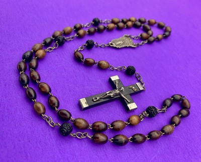 Antique Vintage Ebony Wood Bead Rosary, Virgin Mary, Jesus, FRANCE, Christianity - Image 5