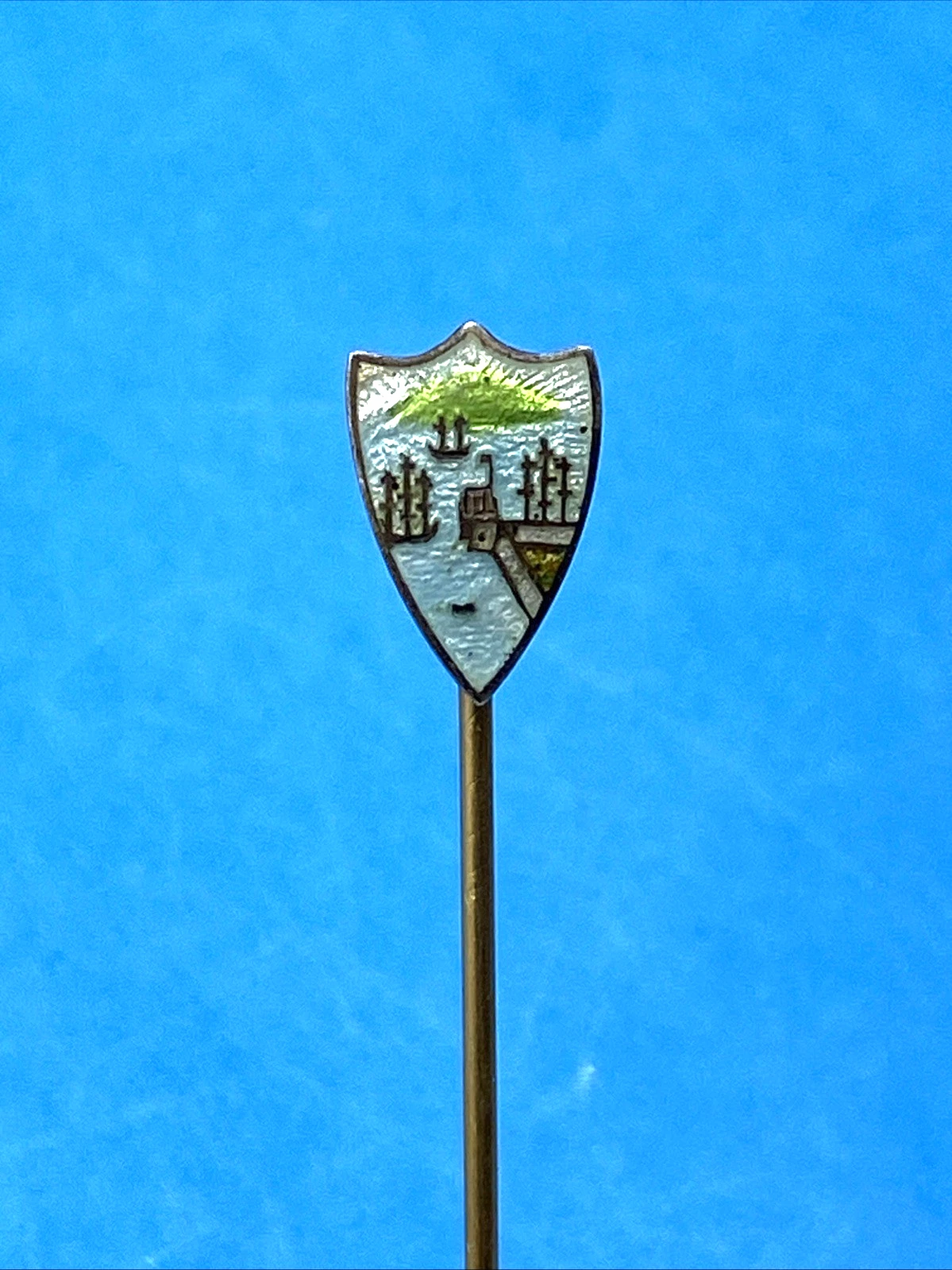 Ships & Sunset - Antique Guilloche Enamel & Sterling Silver Stick Pin - Image 2