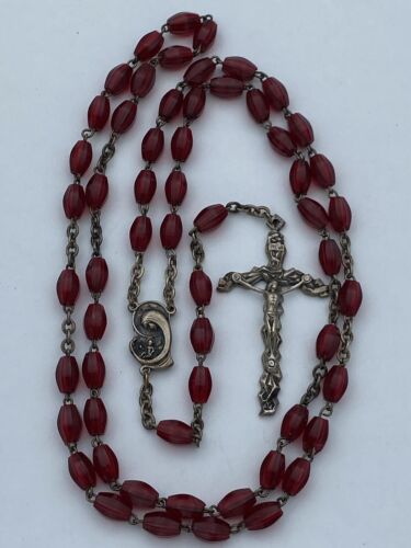 VINTAGE ITALY RED OBLONG BEADED ROSARY CHRISTIANITY
