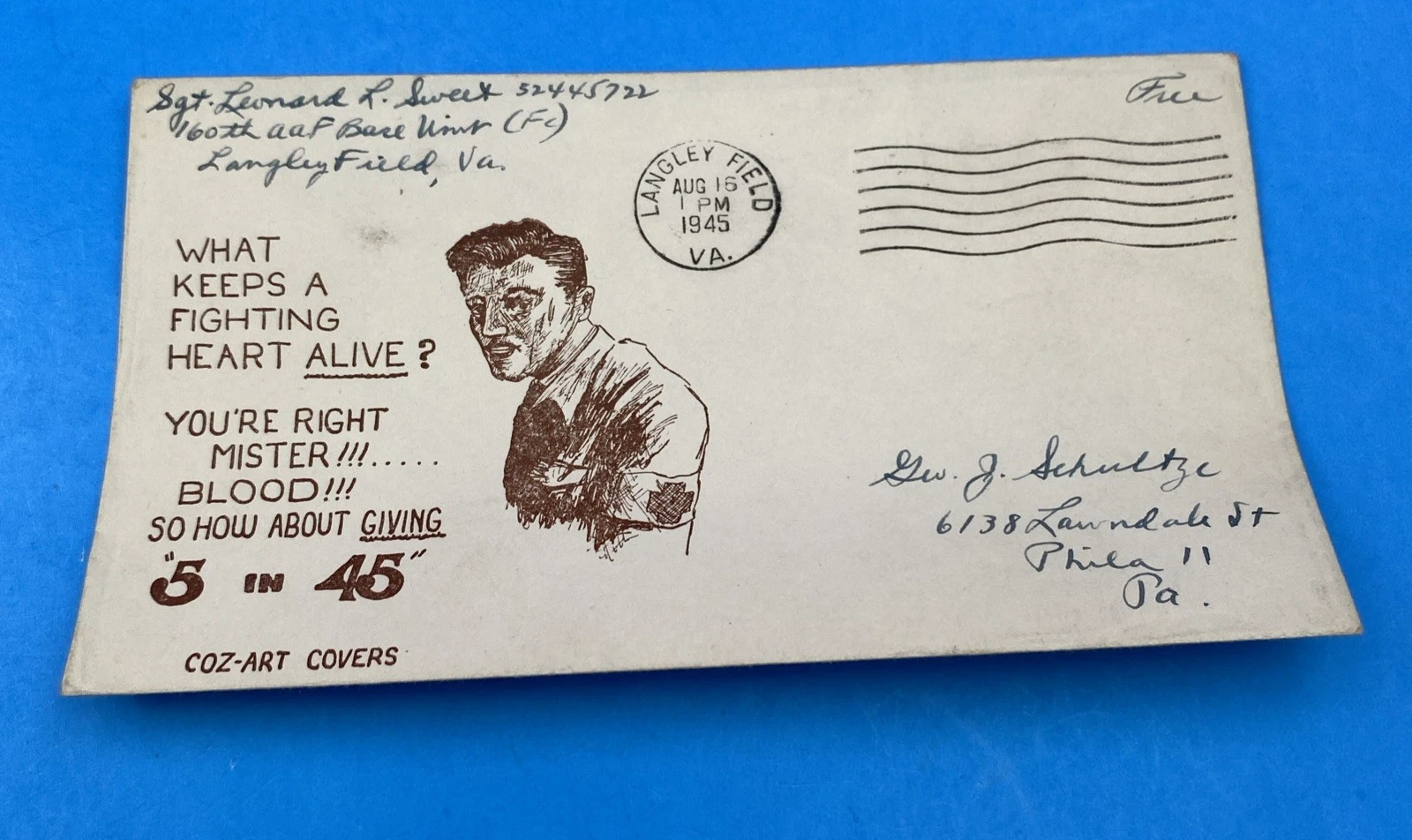 V-J Day 8/15/1945 Langley Field AAF Coz-Art Blood Donor Patriotic Cover Free WW2
