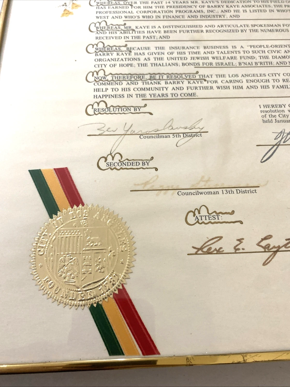 1976 Los Angeles Council Resolution Barry Kaye Signed Seal Framed 12x22 - Image 2