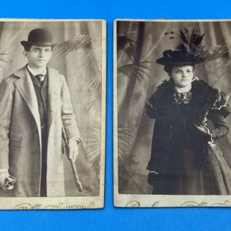 c1900 NYC Paley Studio Cabinet Card Pair Man Woman Feather Hat Cane Victorian NY