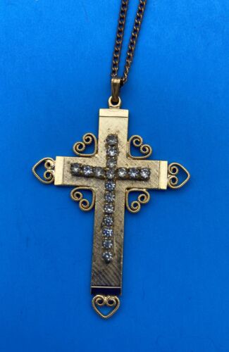 Vintage, Regal Gems, Rhinestone Gold Tone Cross Pendant Necklace, Christianity - Image 4