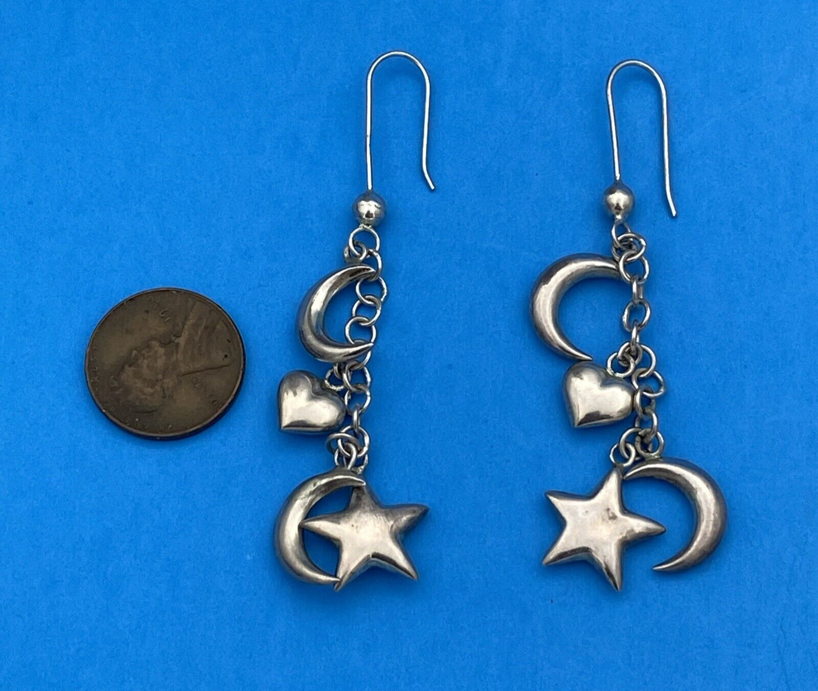 Vintage Sterling Silver Moon, Star, Heart Long Dangle Earrings - Image 2