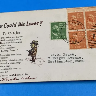 1945 WWII Patriotic Cover T.C. Shaw Signed ‘To G.I. Joe’ Cachet, Prexie 3¢ Rate