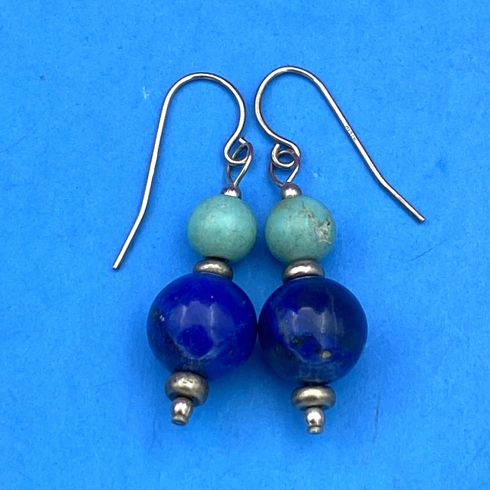 Vintage Round Lapis Lazuli & Turquoise Beaded Sterling Silver 925 Hook Earrings - Image 2