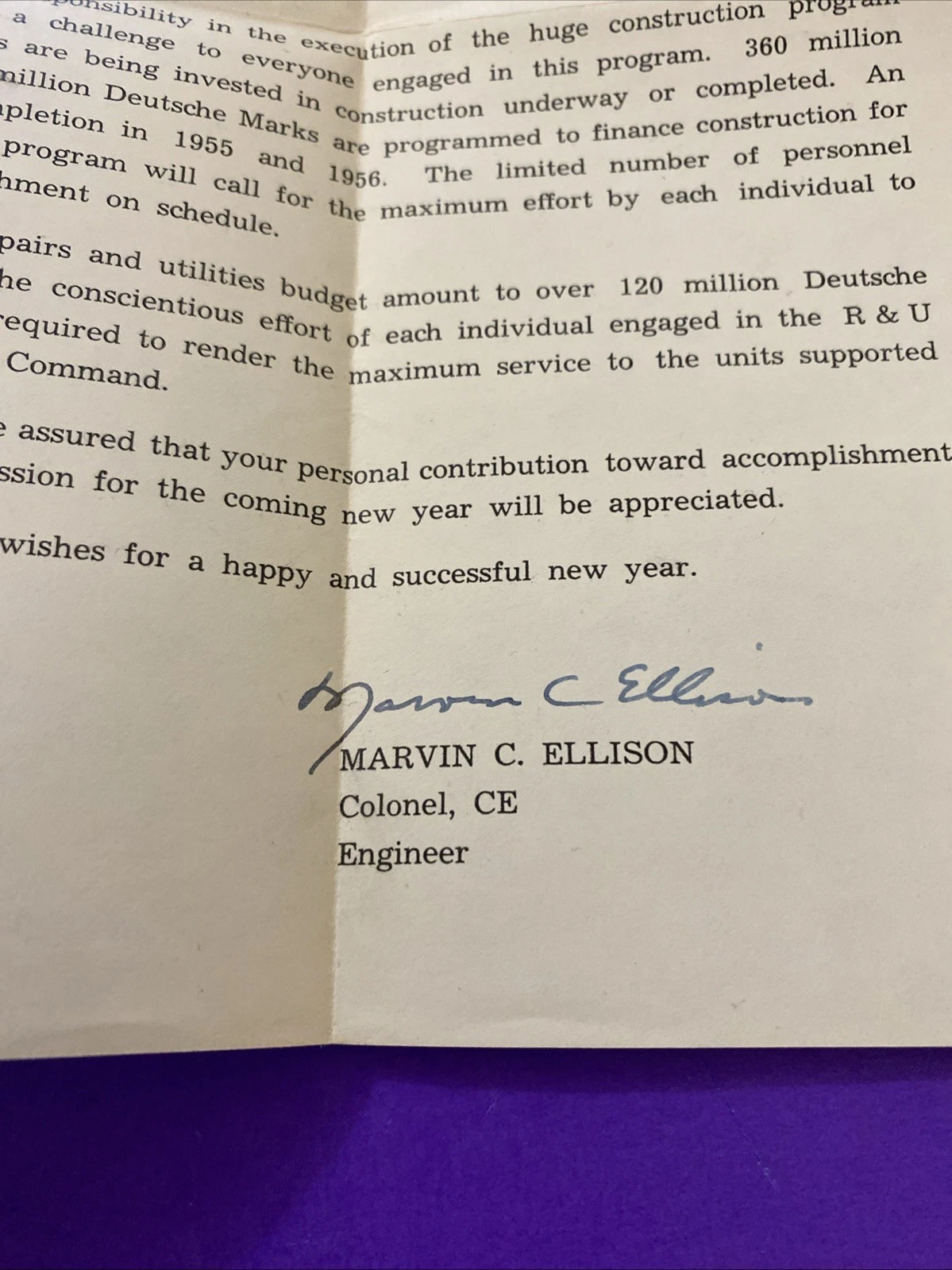 1954 US Army Northern Area Command Germany Engineer Letter Signed Col Ellison CE - Image 3