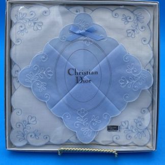 Vintage Christian Dior Handkerchief Set, Blue, White, floral embroidery, Wedding