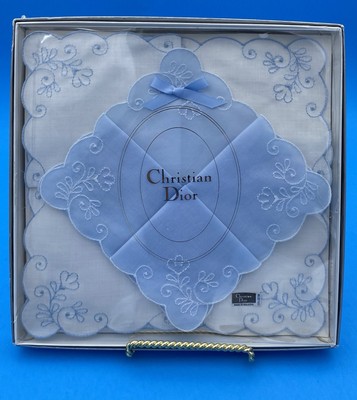 Vintage Christian Dior Handkerchief Set, Blue, White, floral embroidery, Wedding