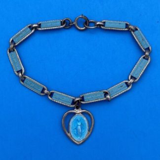 Vintage Virgin Mary Miraculous Medal Heart, Blue Enameled SilverTone Bracelet 7”