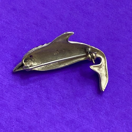 Sterling Silver Marcasite Accented Dolphin Porpoise 925 Pin Brooch Red Eye - Image 3
