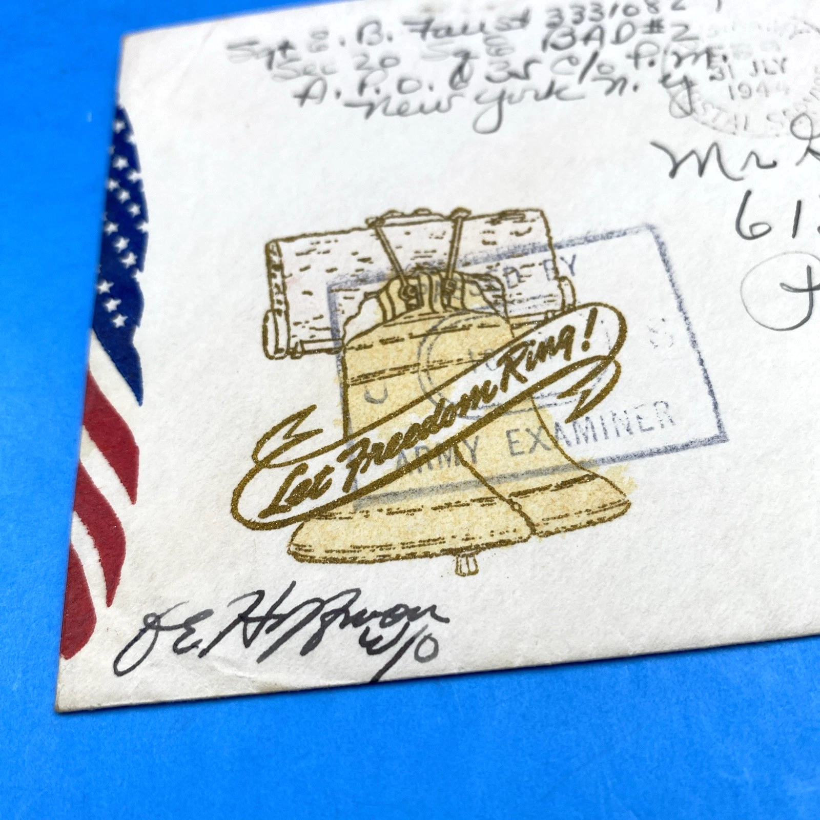 WWII 1944 Patriotic Cover APO 635 Let Freedom Ring Gold Cachet Censored E/O - Image 2