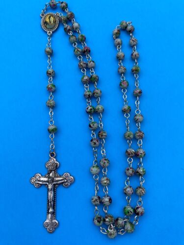 Vtg CREED Our Lady Lourdes Multi Colored Speckled Glass Bead Rosary Catholic