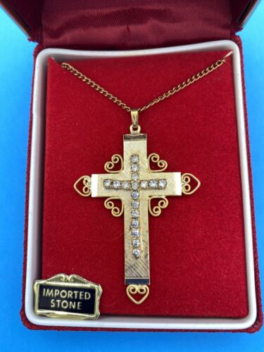 Vintage, Regal Gems, Rhinestone Gold Tone Cross Pendant Necklace, Christianity